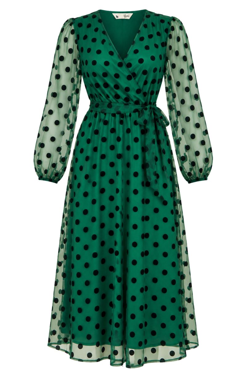 Women's Spot Mesh Wrap Midi Skater Dress