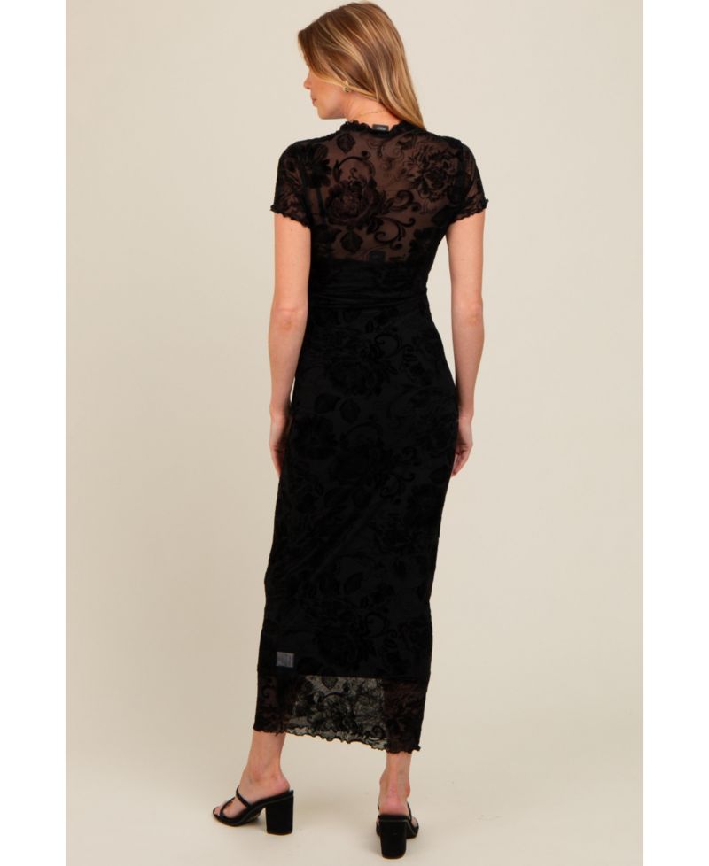 Women's Black Floral Mesh Overlay Fitted Maxi Dress