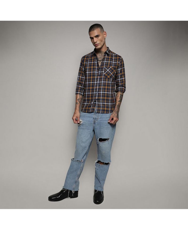 Men's Cobalt Blue & Mustard Yellow Tartan Plaid Shirt