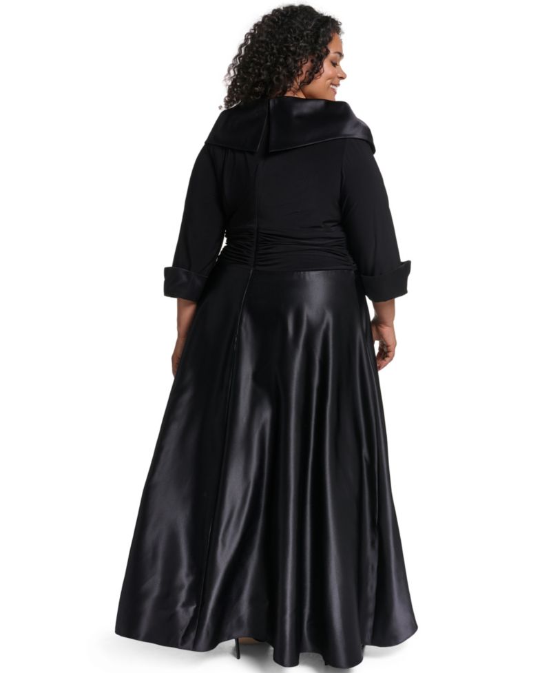 Plus Size V-Neck 3/4 Rhinestone Cuff Satin Dress