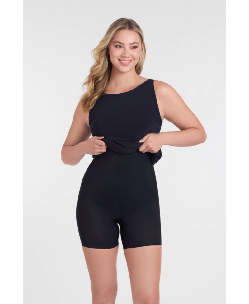 Women's Sculpting Shapewear Square Neck Cap Sleeve Faux Leather Midi Dress