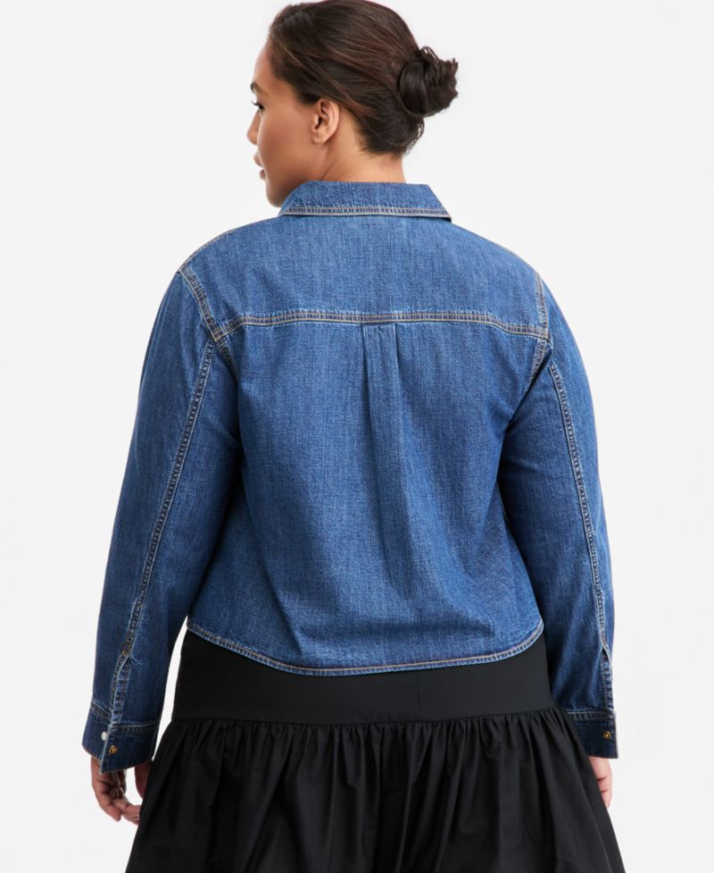 Trendy Plus Size Long-Sleeve Cropped Denim Shirt