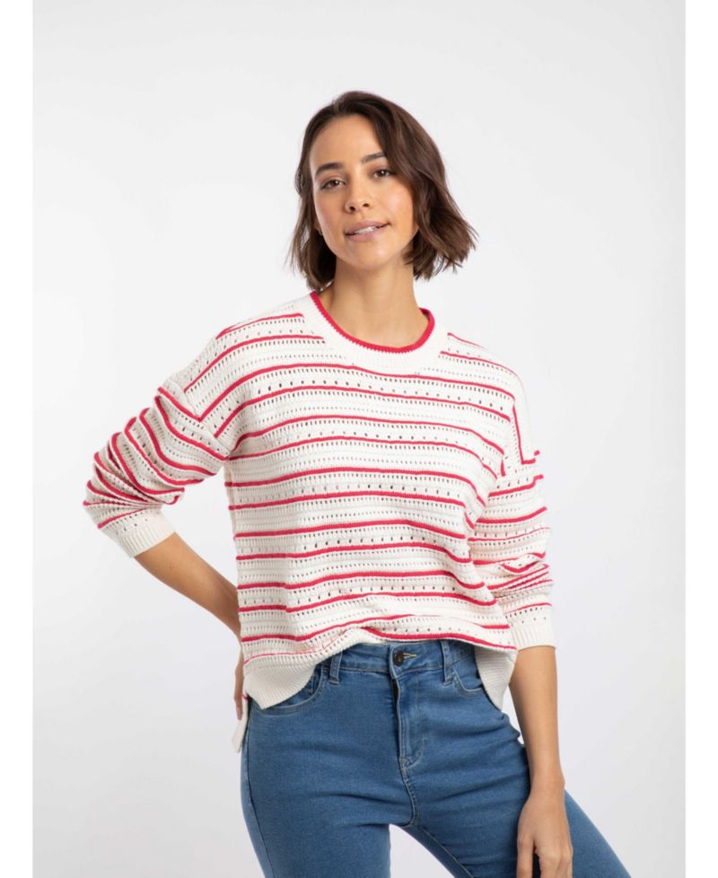 Women's Liah Pointelle-Striped Crewneck Sweater