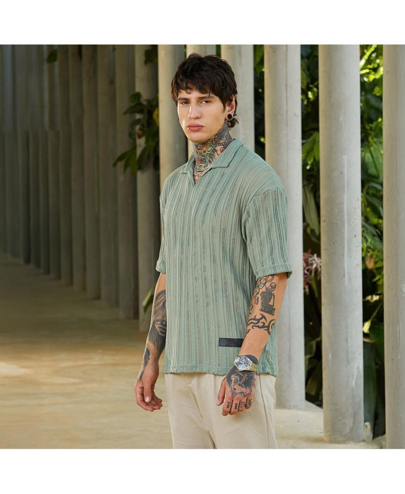Men's Sage Green Duo-Striped Relaxed Polo T-Shirt
