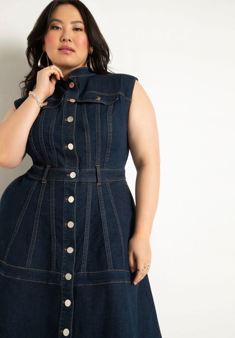 Women's Denim Fit and Flare Midi Dress