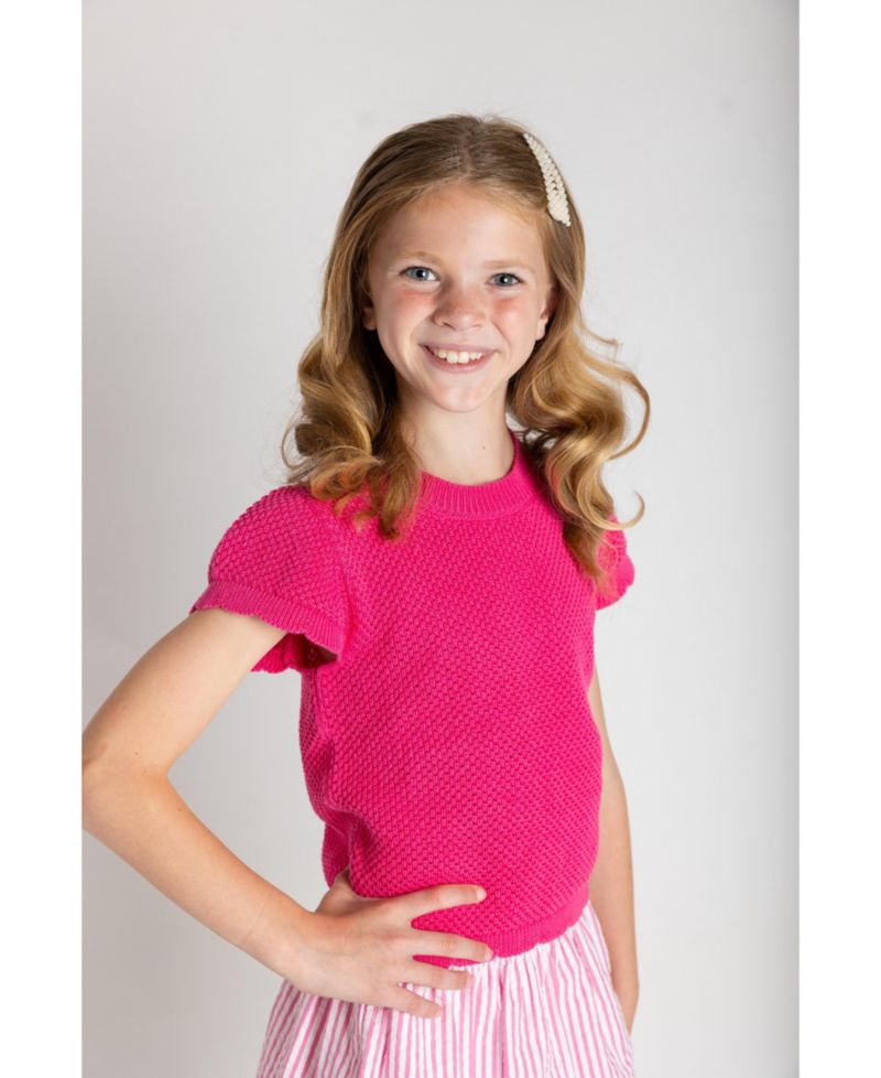 Big Girls Short Sleeve Sweater with Scallop Edges