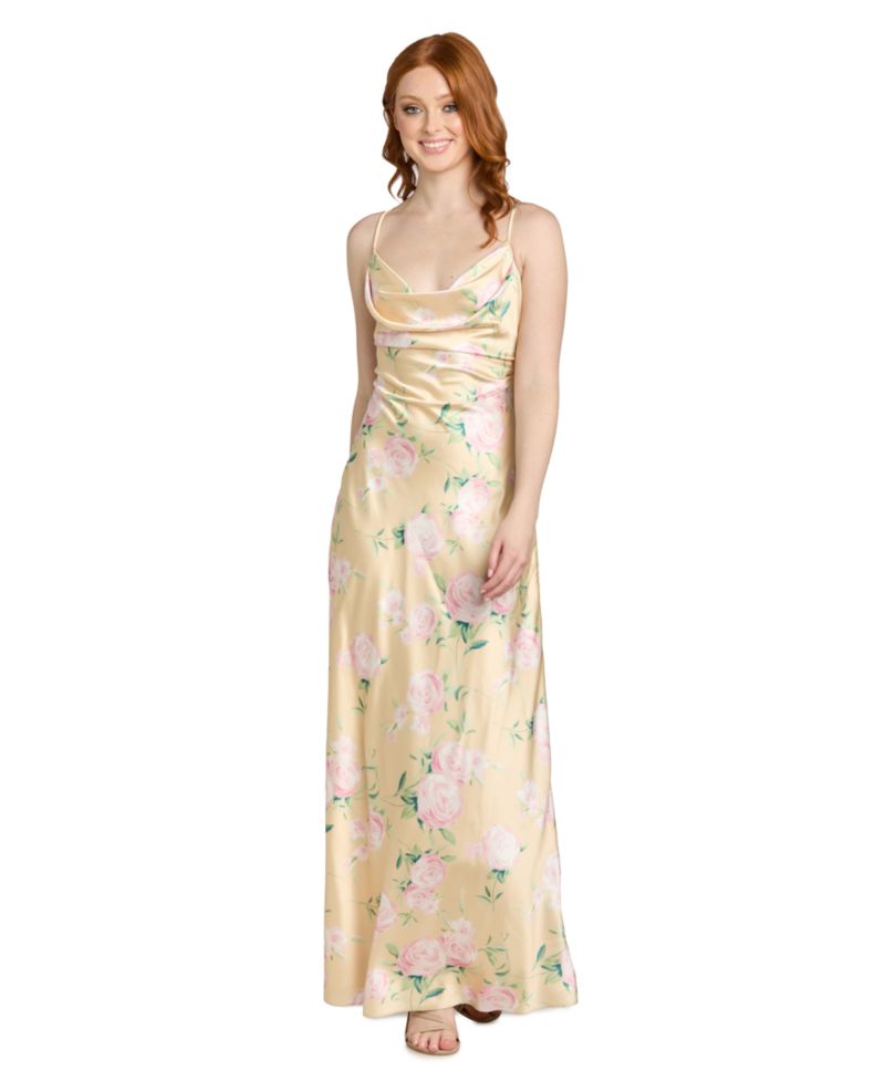 Juniors' Floral Printed Cowl Neck Long Gown