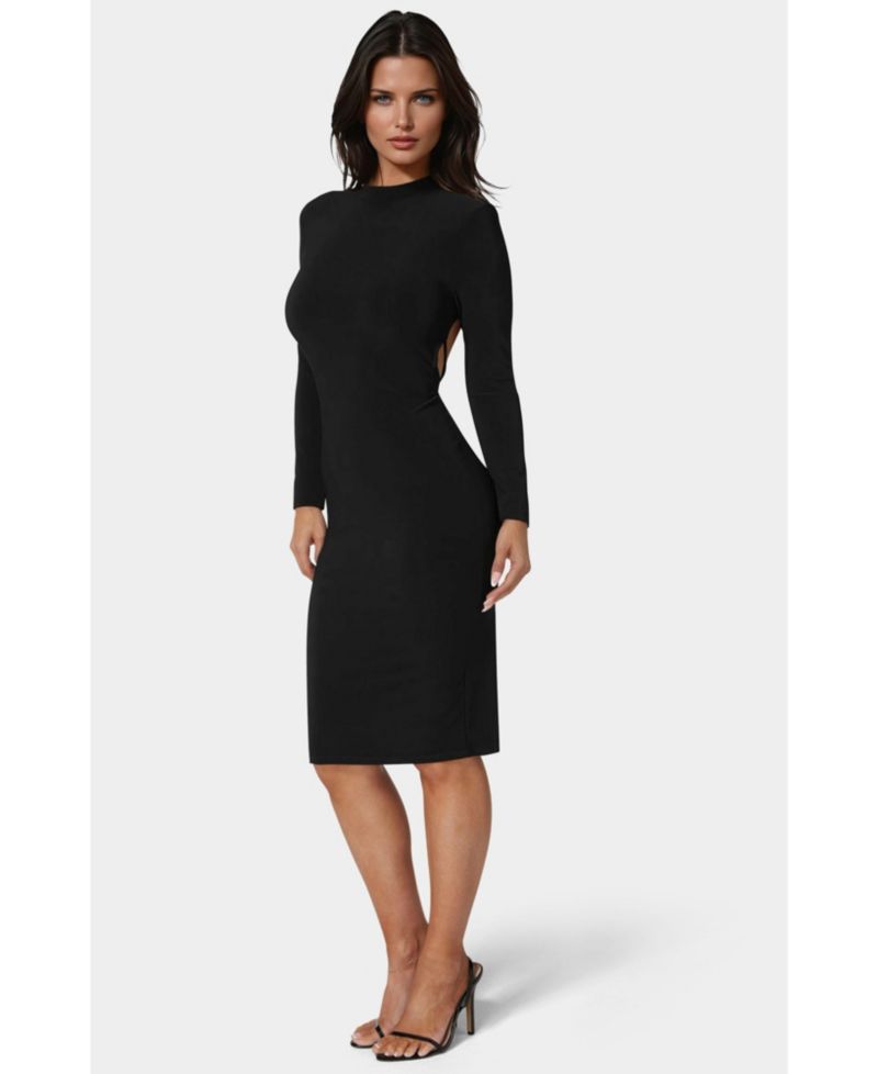 Women's Low Back Mock Neck Long Sleeve Midi Dress