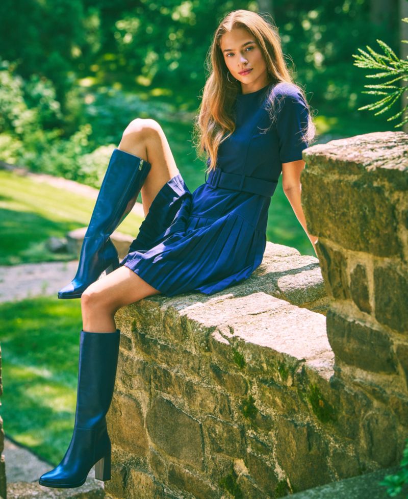 Women's Crewneck Pleated Fit & Flare Buckle Belt Dress