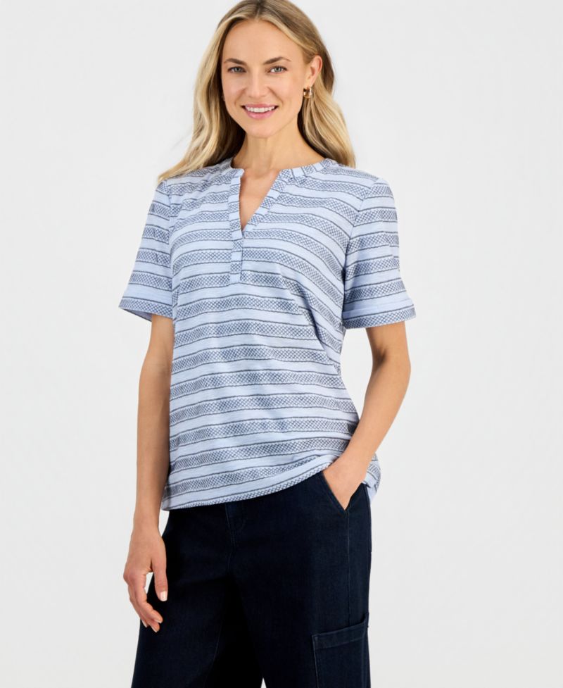 Petite Striped Split-Neck Short-Sleeve Top