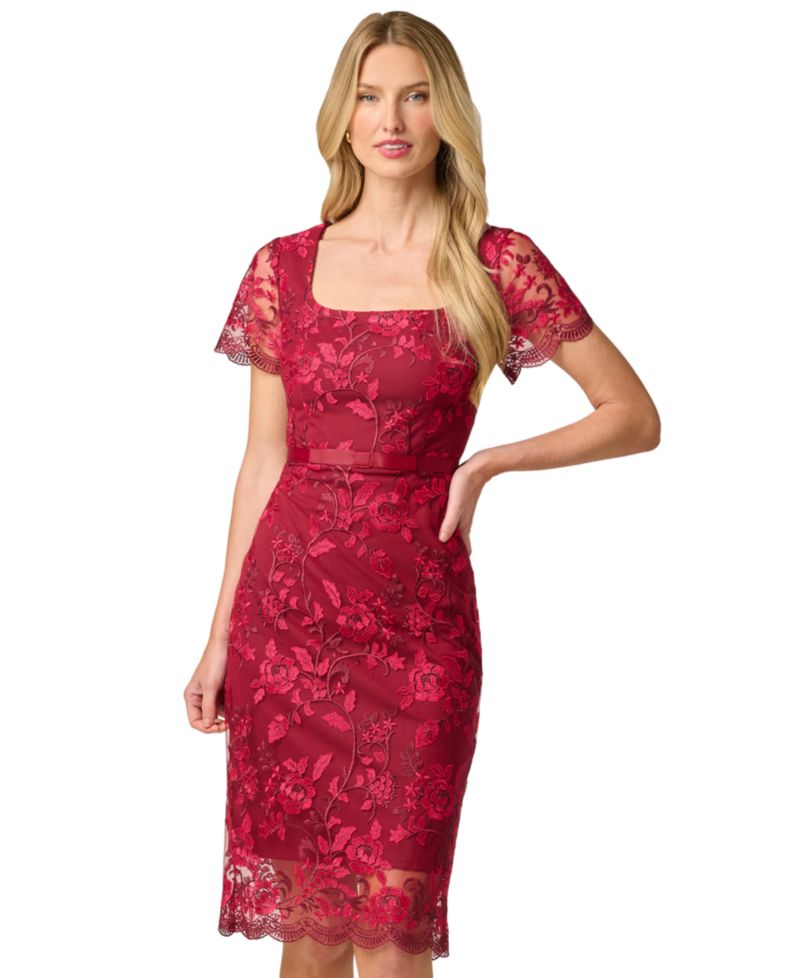 Women's Short-Sleeve Square-Neck Floral-Embroidered Dress