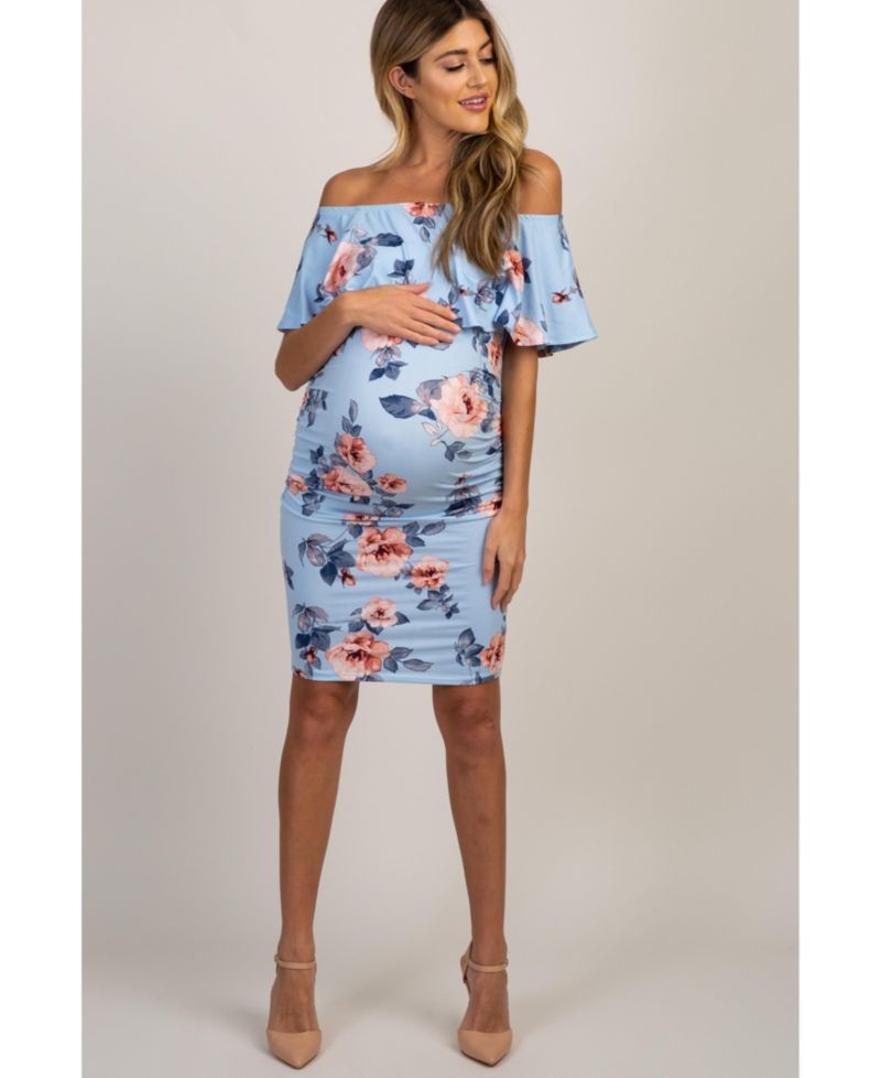 Women's Light Blue Rose Print Ruffle Fitted Dress