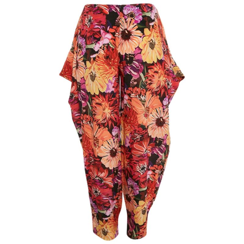 Women's Red Floral Print Silk Tie-Up Trousers