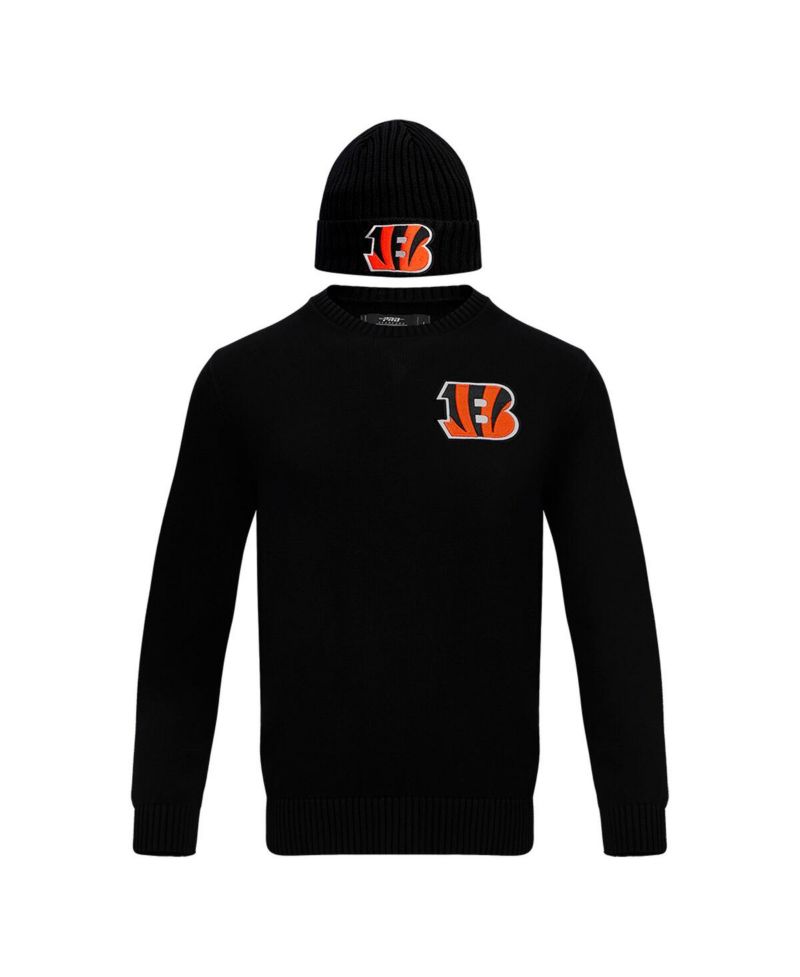 Men's Black Cincinnati Bengals Crewneck Pullover Sweater and Cuffed Knit Hat Box Gift Set