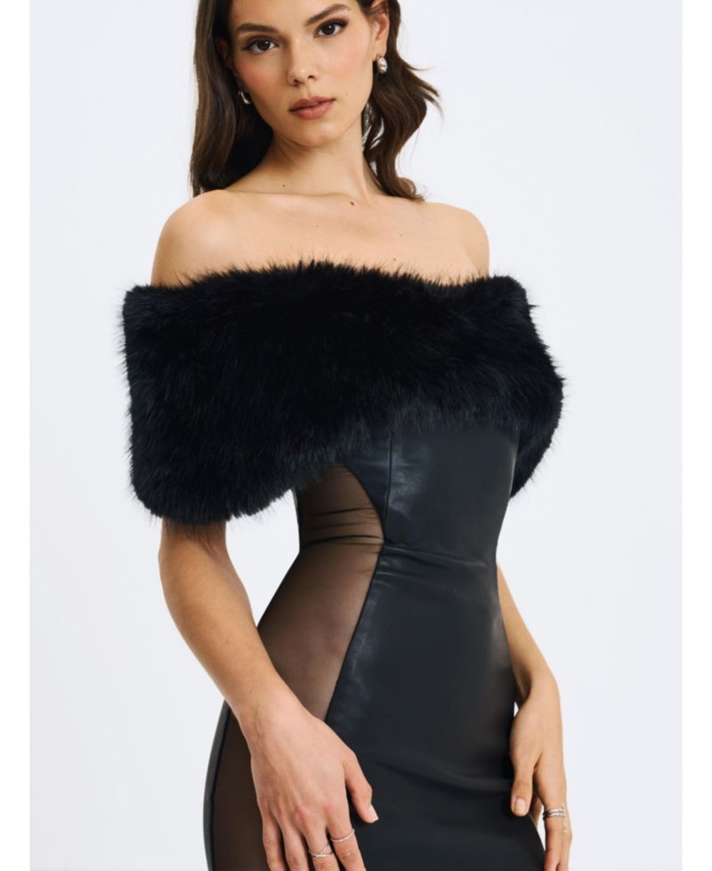 Women Bellis Black Fur Trim Mesh Panel Off-Shoulder Midi Dress
