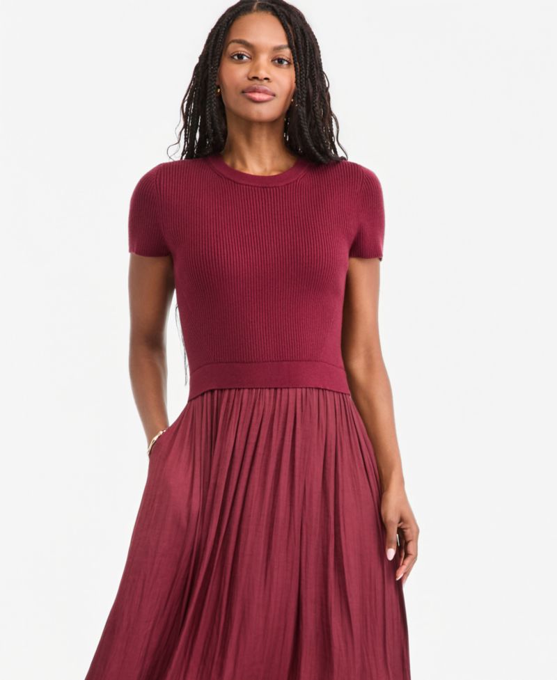 Women's Short-Sleeve Midi Mixed-Media A-Line Dress