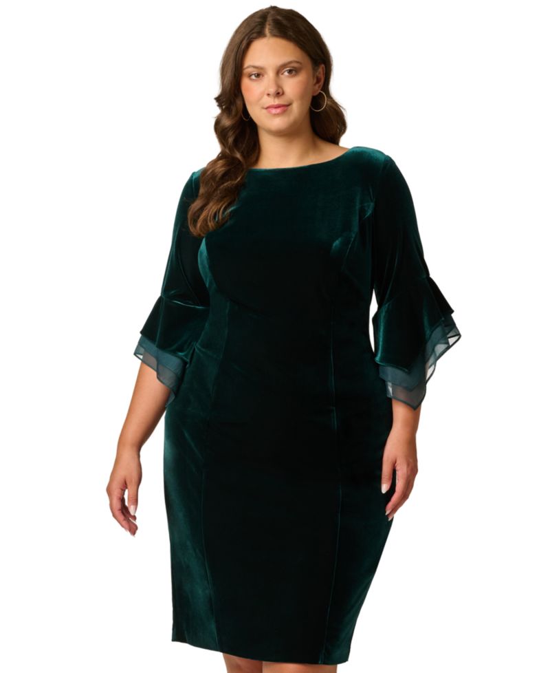 Plus Velvet Bell-Sleeve Mesh-Trim Dress