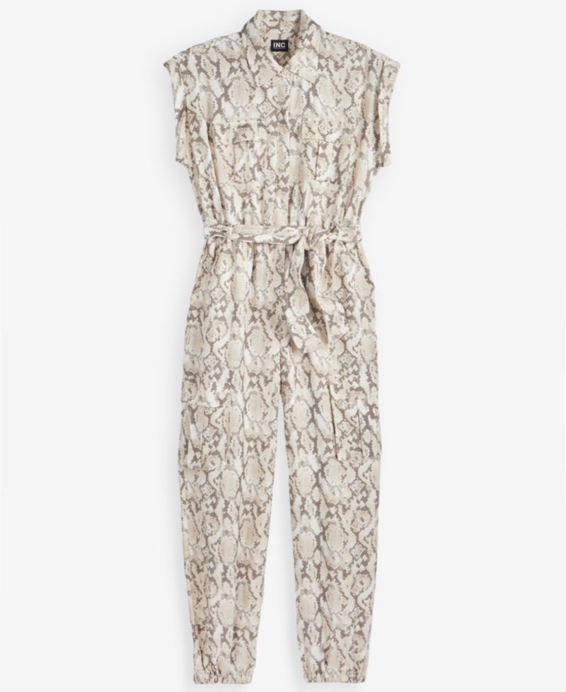 Women's Short-Sleeve Snake Print Belted Jumpsuit