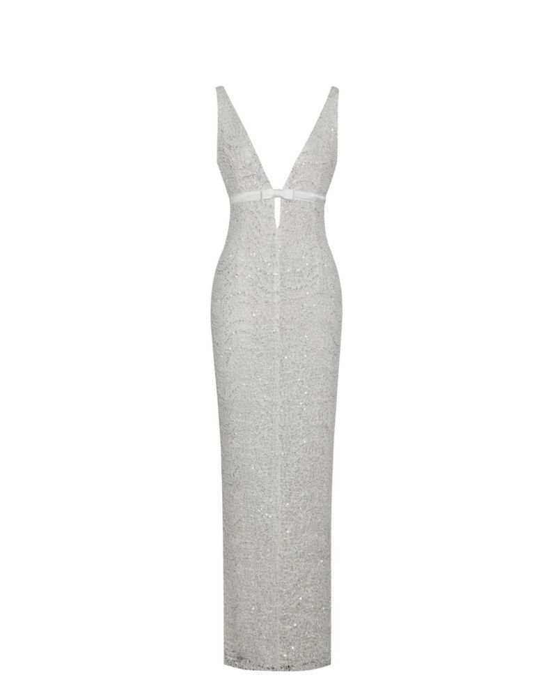 Women's Adelaide White Beaded Sequin Net Bodycon Gown
