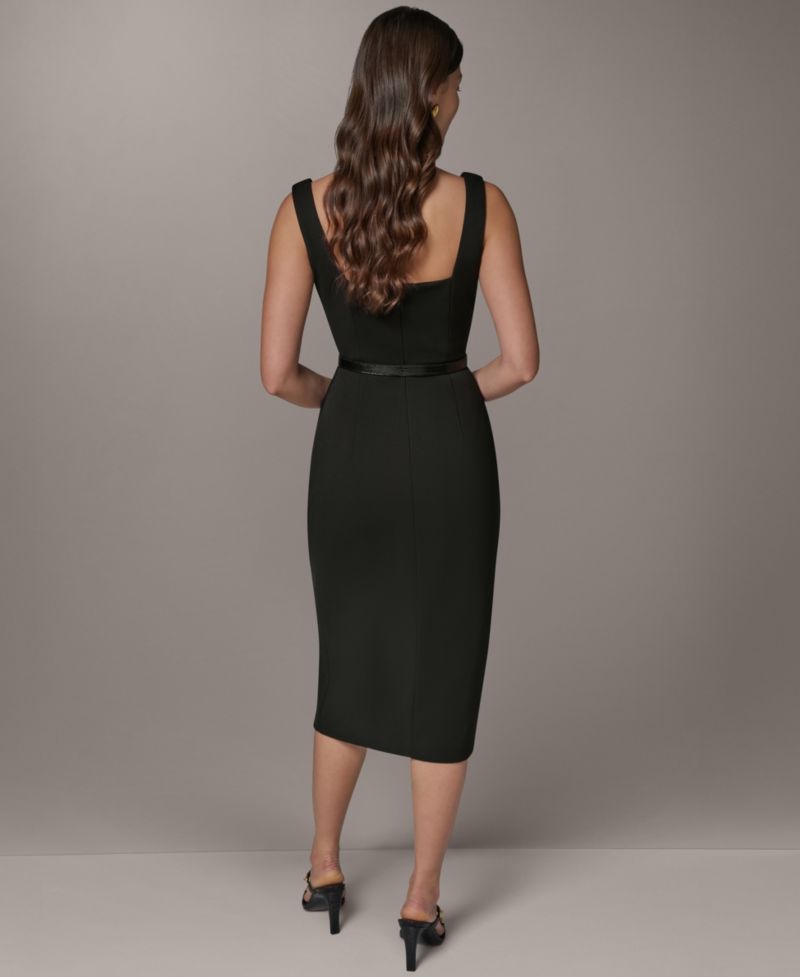 Women's Sleeveless Asymmetrical Neck Midi Sheath Dress with Belt