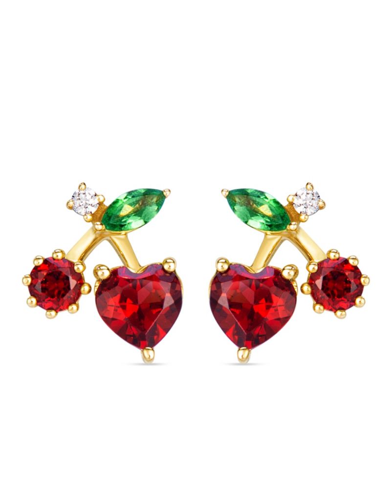 Garnet, Tsavorite & Diamond (0.03 ct. t.w.)Cherry Stud Earrings in 14k Honey Gold
