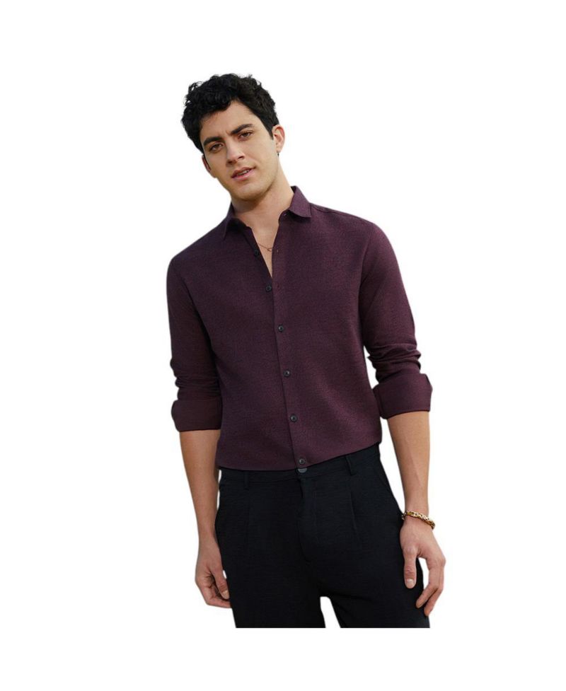 Men's Wine Red Solid Cotton Shirt