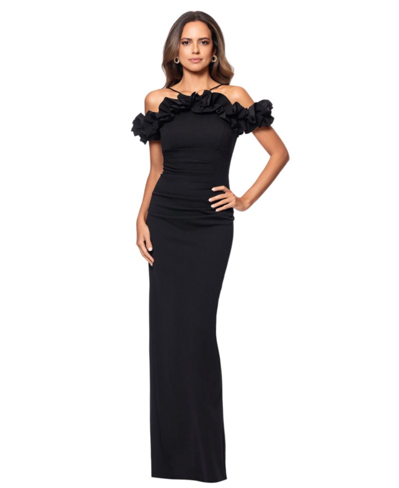 Petite Halter-Strap Ruffled Gown