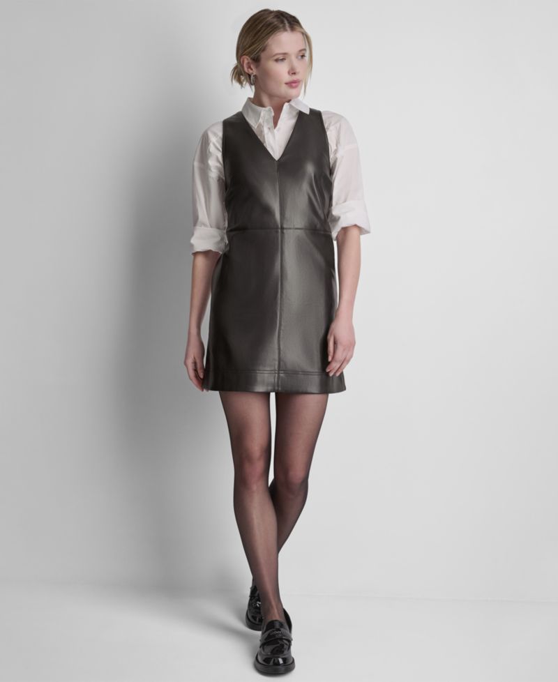 Women's Faux Leather Sleeveless V-Neck Mini Dress