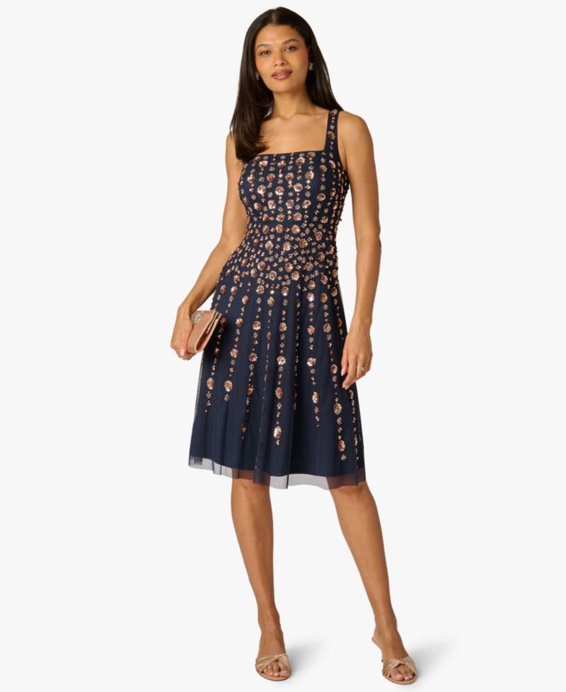 Petite Beaded Square Neck Knee-Length Dress