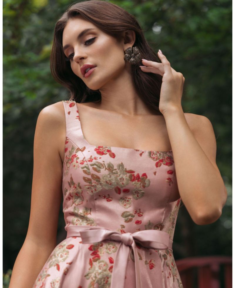 Petite Pink Floral Brocade Square-Neck Midi Dress