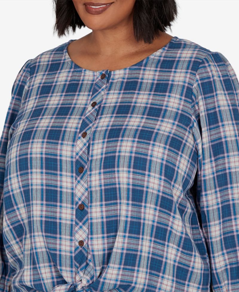 Plus Size Homestead Plaid 3/4-Sleeve Button-Front Top
