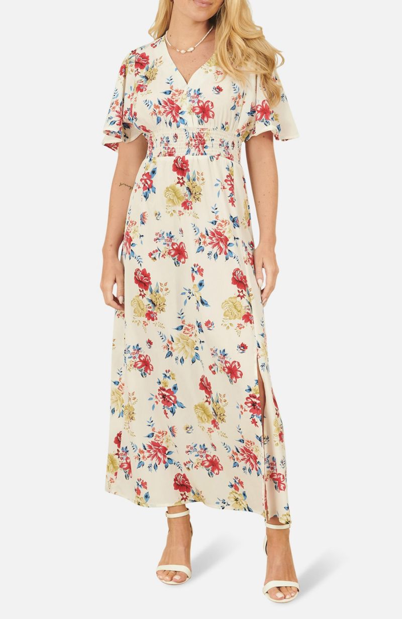 Women's Ruched Waist V-Neck Midi Dress