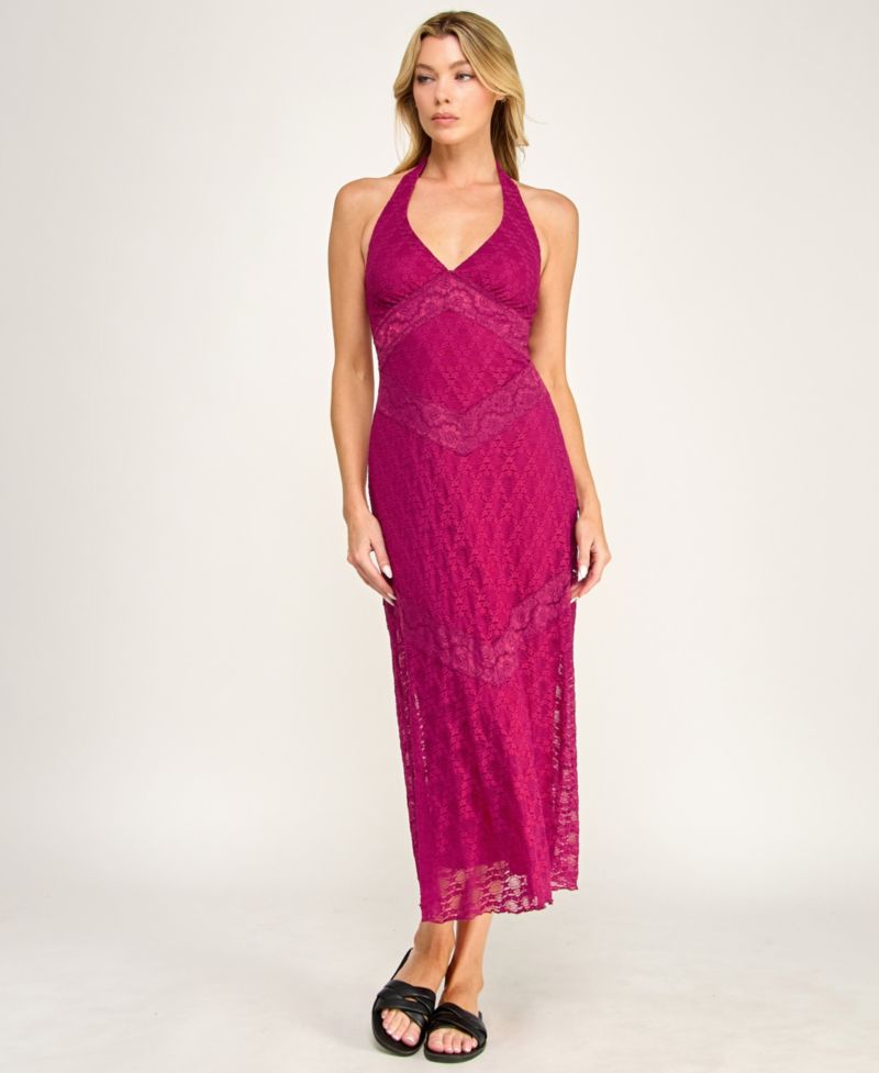 Juniors' Lace Detail Halter Neck Midi Dress