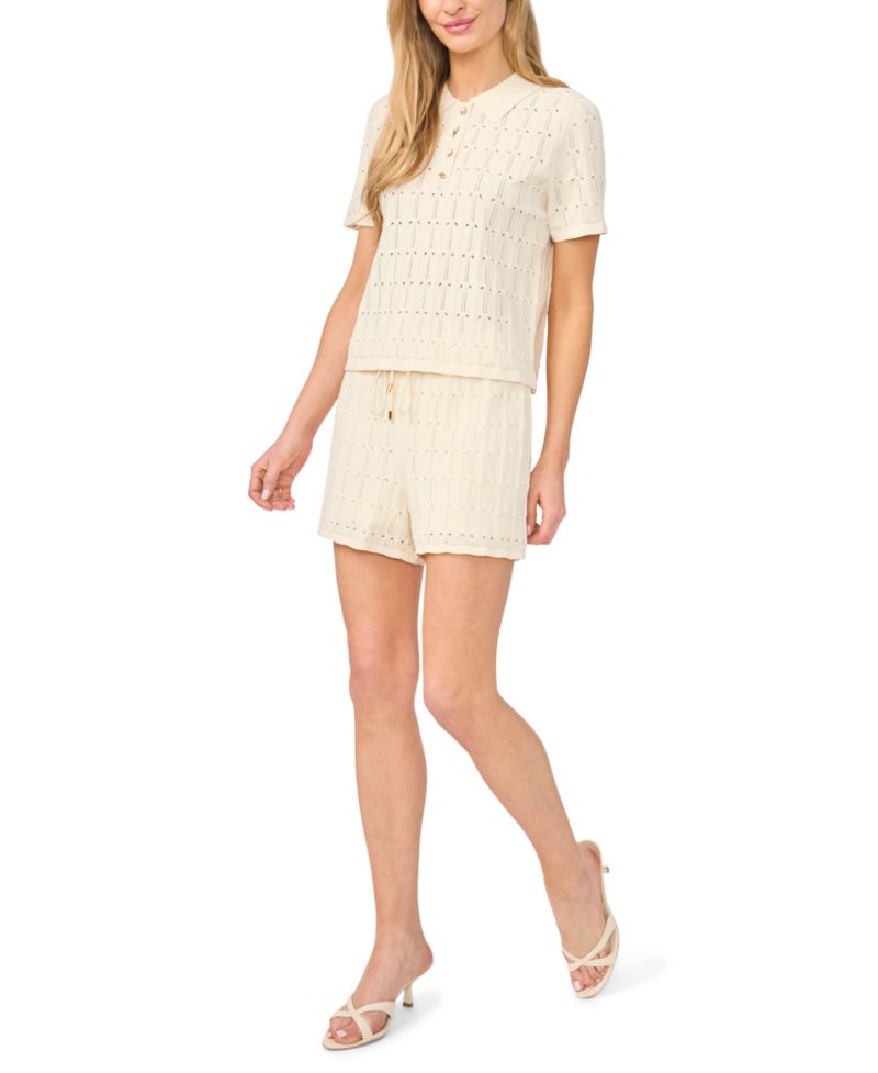 Women's Pointelle Short-Sleeve Collared Sweater