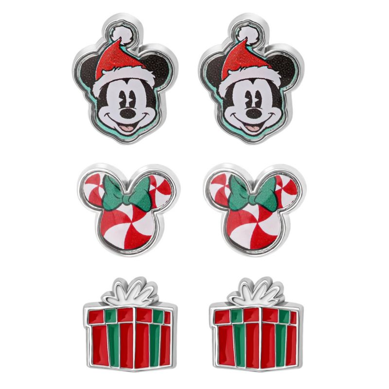 Holiday Stud Earring Set, 3 Pairs - Mickey Santa, Peppermint Ears and Gifts, Silver Tone