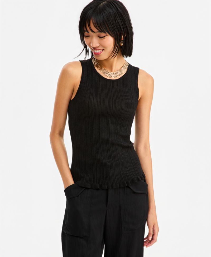 Women's Sleeveless Crewneck Ribbed Cotton-Blend Sweater Tank