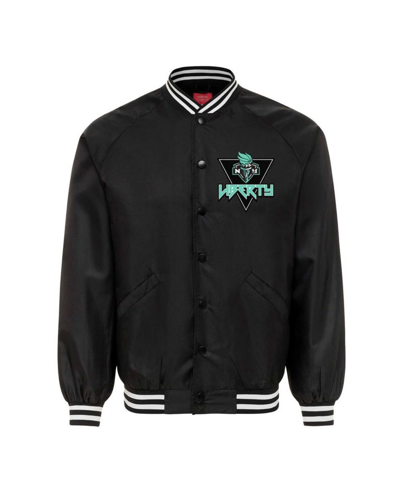 Men's and Women's Black New York Liberty Rock Roll Collection Ringo Satin Raglan Full-Snap Bomber Jacket