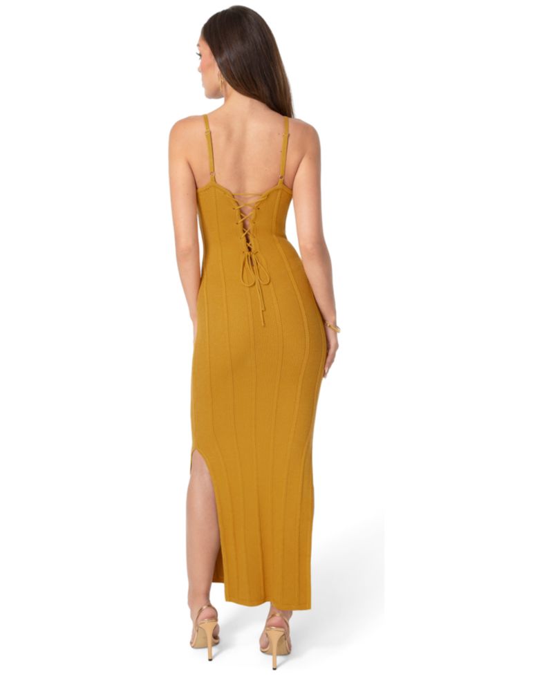 Women's Ribbed Knit Square Neck Bodycon Side-Slit Maxi Dress