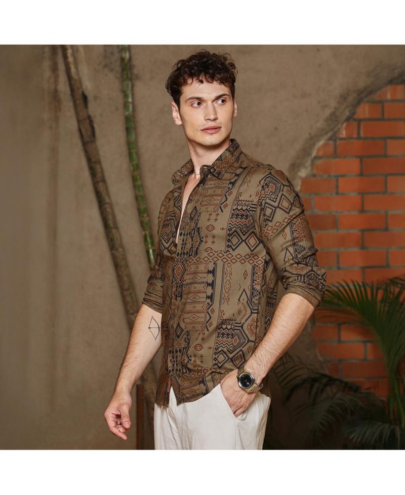 Men's Peanut Brown Aztec-Imprint Shirt