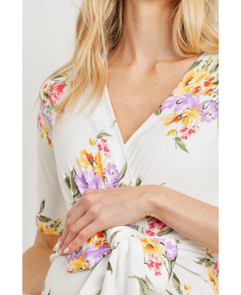 Women's Floral Short Sleeve Wrap Nursing Dress with Tie Waist