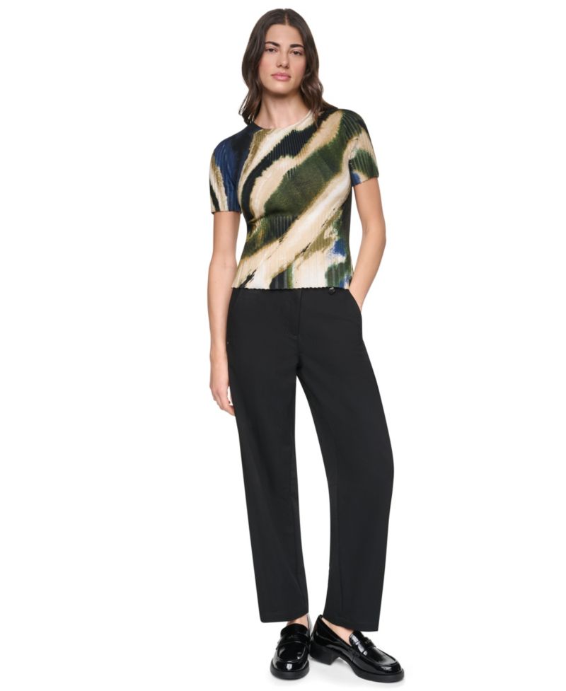Women's Printed Rib Knit Crewneck Short-Sleeve Sweater