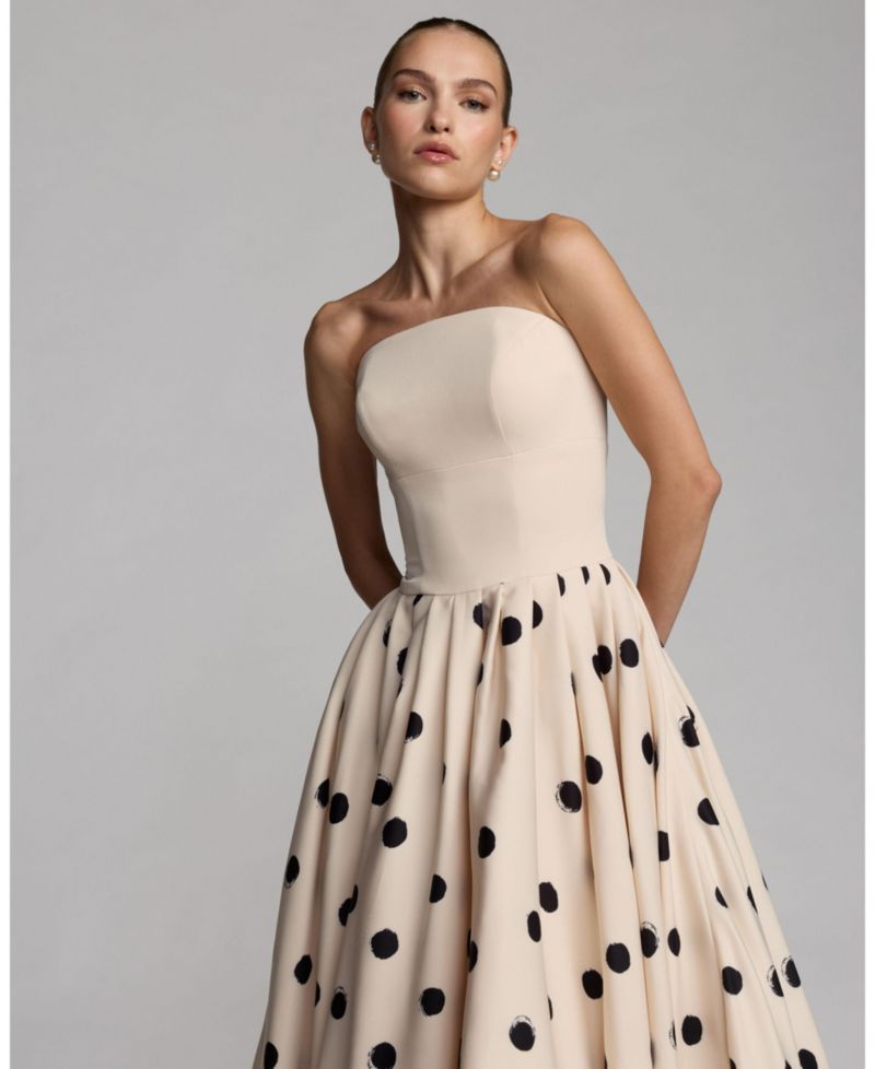 Women's Strapless Polka Dot Crepe Bubble Skirt Midi Dress