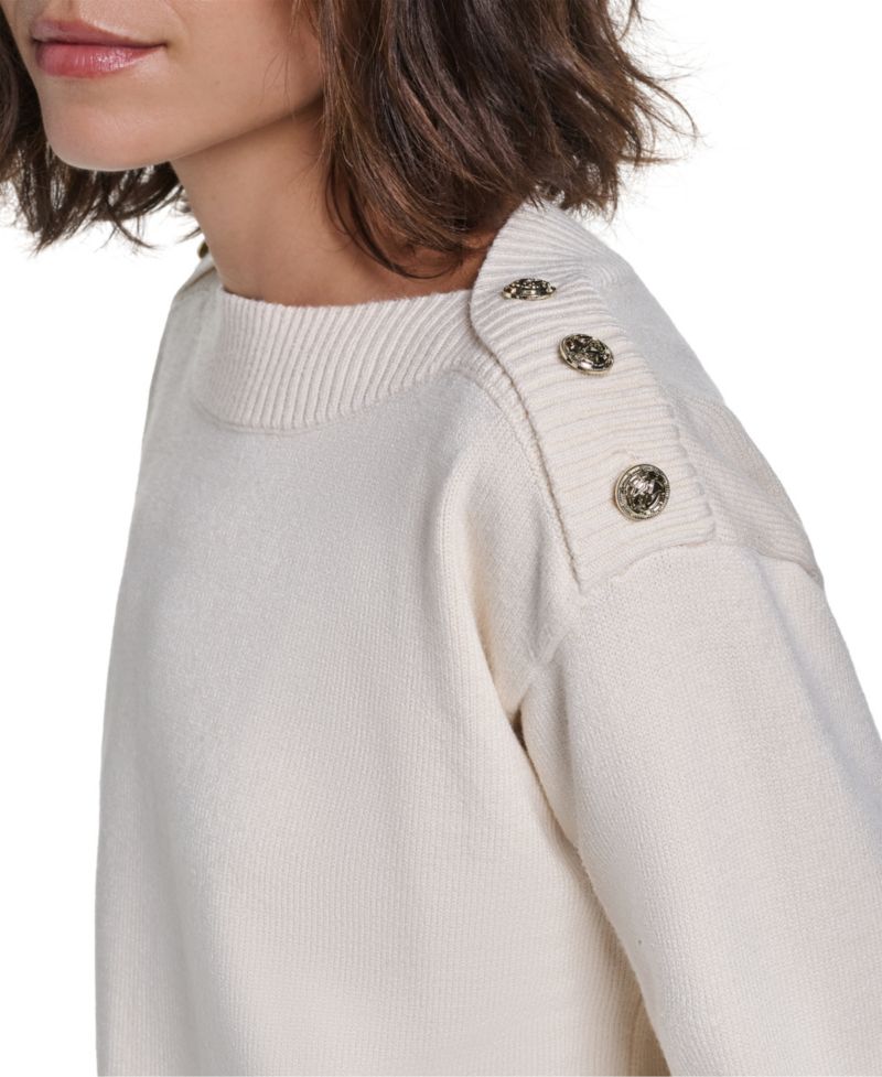 Women's Button Shoulder Boat Neck Long-Sleeve Sweater