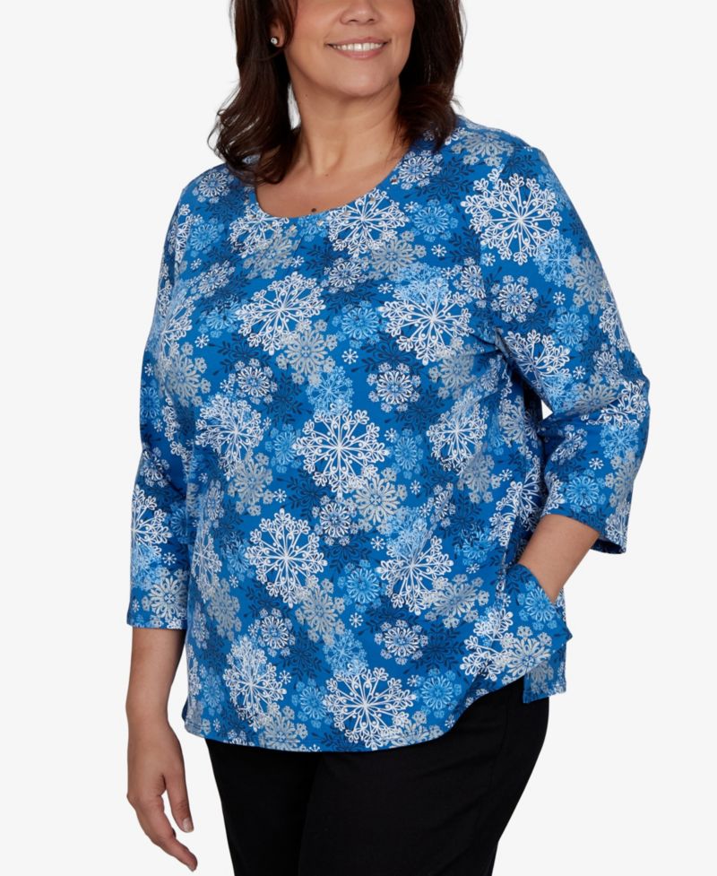 Plus Size Snowflake-Print 3/4-Sleeve Knit Top