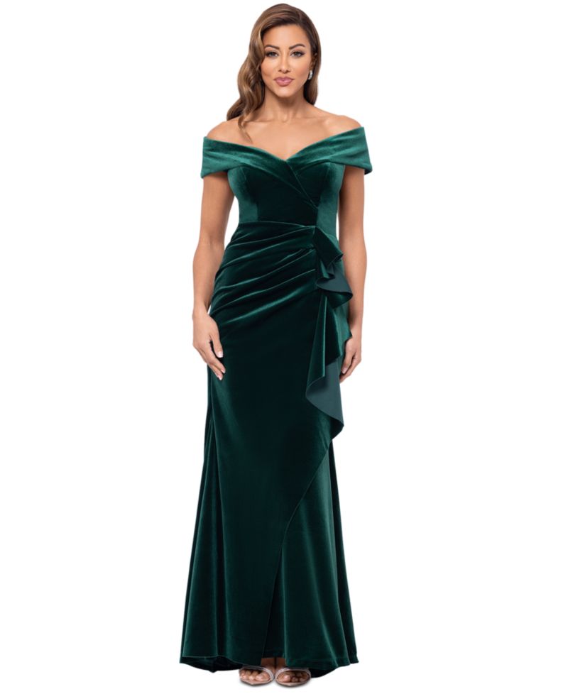 Petite Ruffled Off-The-Shoulder Velvet Gown