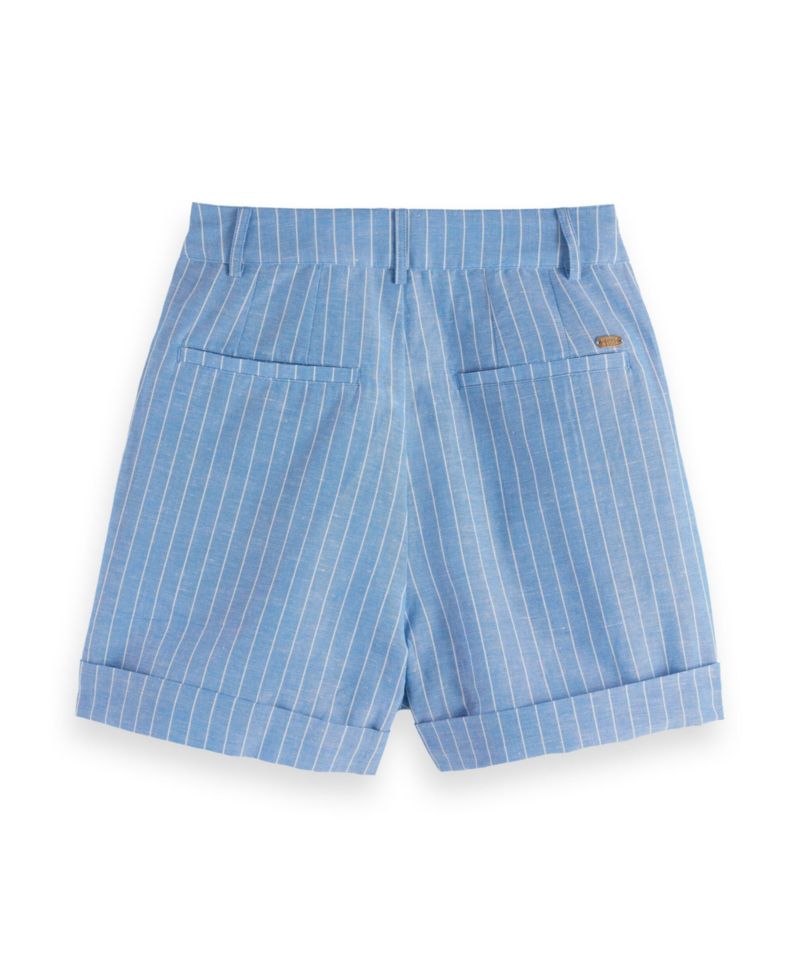 Women's High Rise Linen Printed Shorts, Blue and White Pin Stripe, XSmall