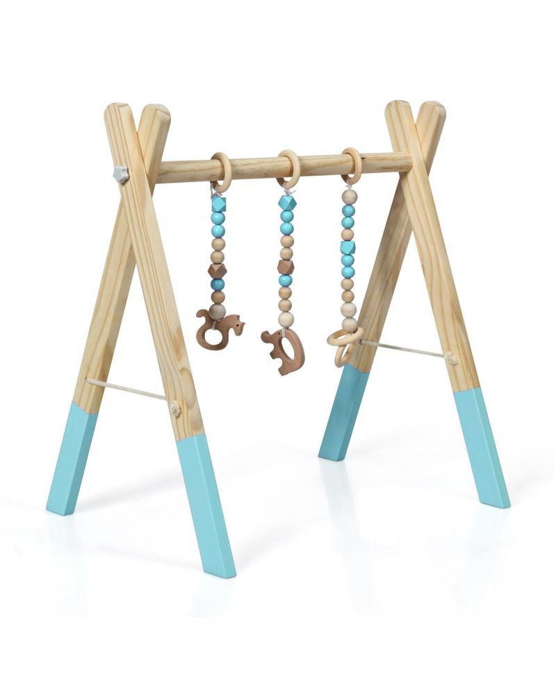 Toddler Wooden Gym with 3 Wooden Teething Toys Hanging Bar