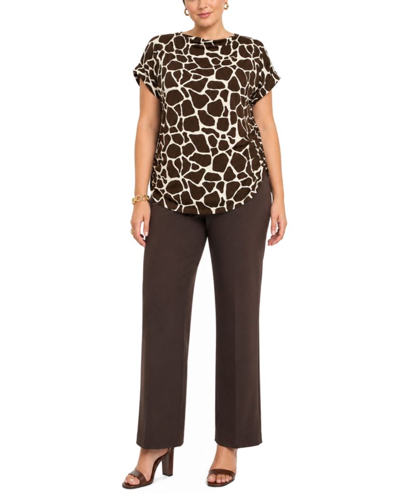 Plus Size Giraffe-Print Cowl-Neck Rolled-Short-Sleeve Top