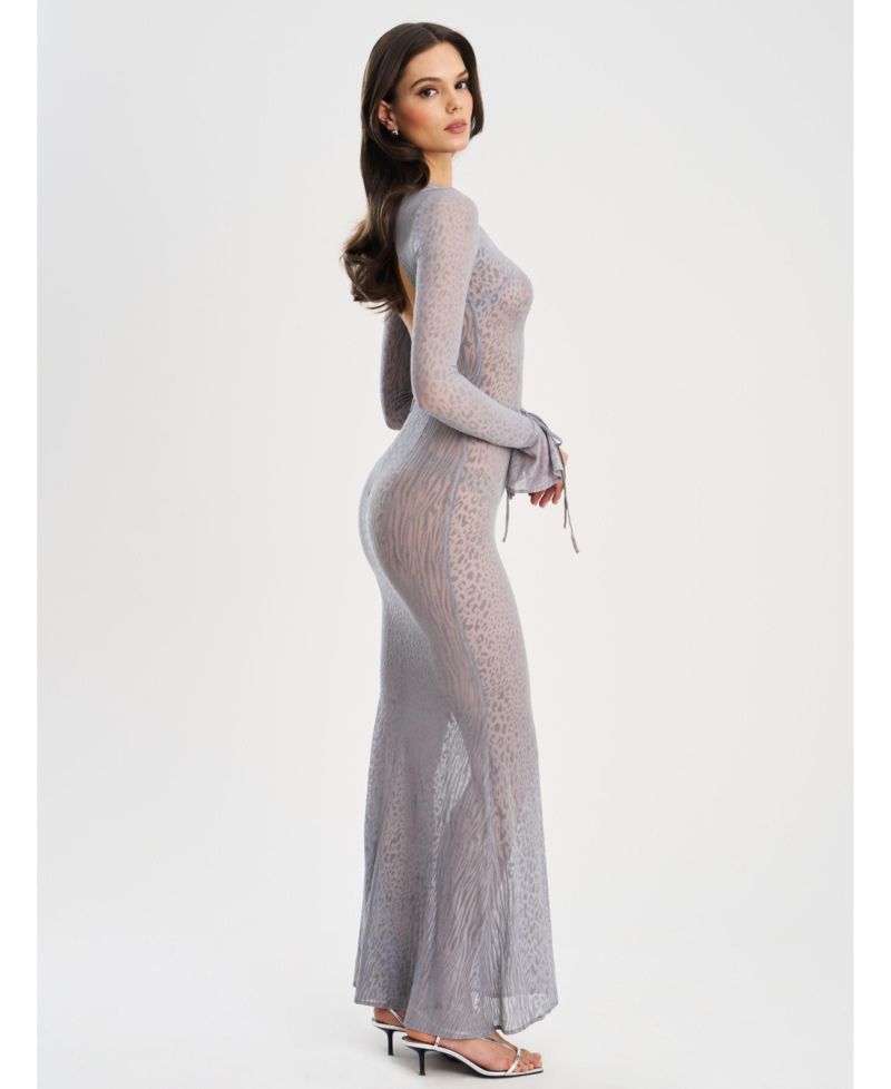 Women Waylynn Gray Animal Print Burnout Velvet Detail Mesh Backless Maxi Dress
