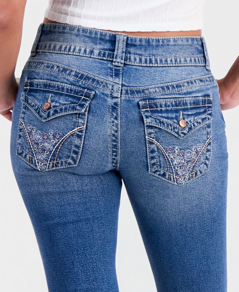 Juniors' Embroidered Flap-Pocket Flare-Leg Jeans